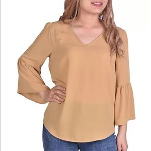 NY Collection 3/4 Sleeve Roll Sleeve V Neck